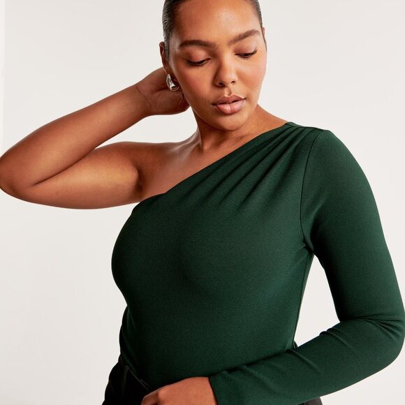 Abercrombie Long-Sleeve Crepe Asymmetrical One-Shoulder Bodysuit NWT - Picture 4 of 9